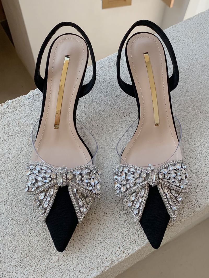 Dámské Společenské Lodičky Na Podpatku Kitten Black Pointed Toe Rhinestones Bow Slingback