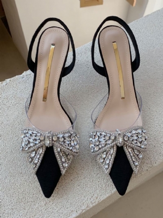 Dámské Společenské Lodičky Na Podpatku Kitten Black Pointed Toe Rhinestones Bow Slingback