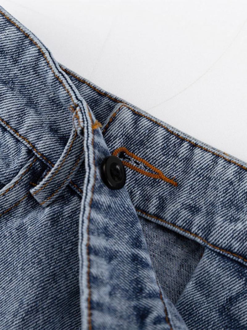 Dámská Sukně Tmavě Modré Knoflíky Denim Dlouhý Zvýšený Pas Dámské Kalhotky S Vysokým Rozparkem - Tmavě Modrá