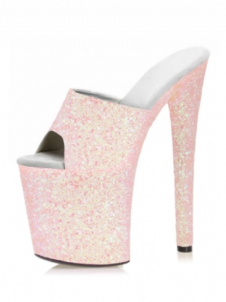 Boty Pro Tanec Na Tyči Dámské Sexy Třpytivé Exotické Podpatky Platforma Sky High Heels Mule V Růžové Barvě