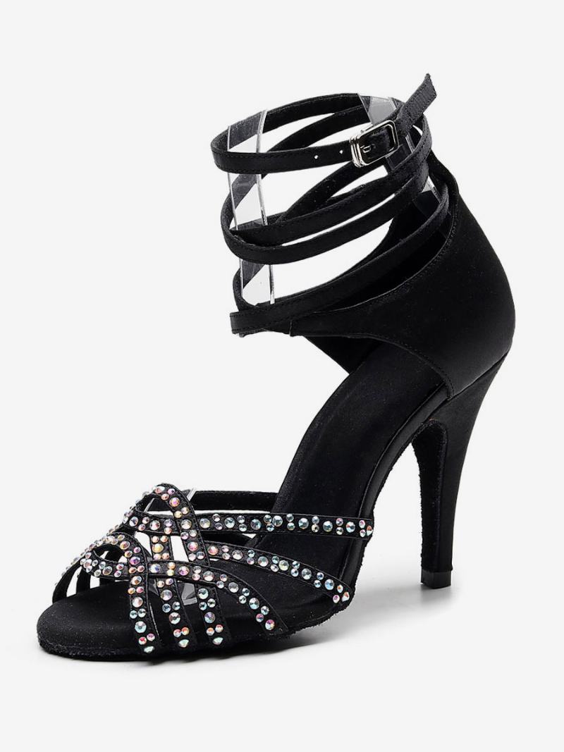 Dámské Přizpůsobené Boty Pro Latinskoamerický Tanec Black Open Toe Rhinestones Společenský