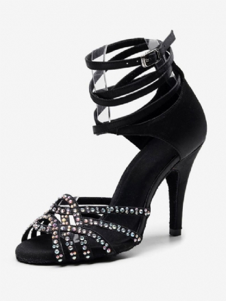 Dámské Přizpůsobené Boty Pro Latinskoamerický Tanec Black Open Toe Rhinestones Společenský