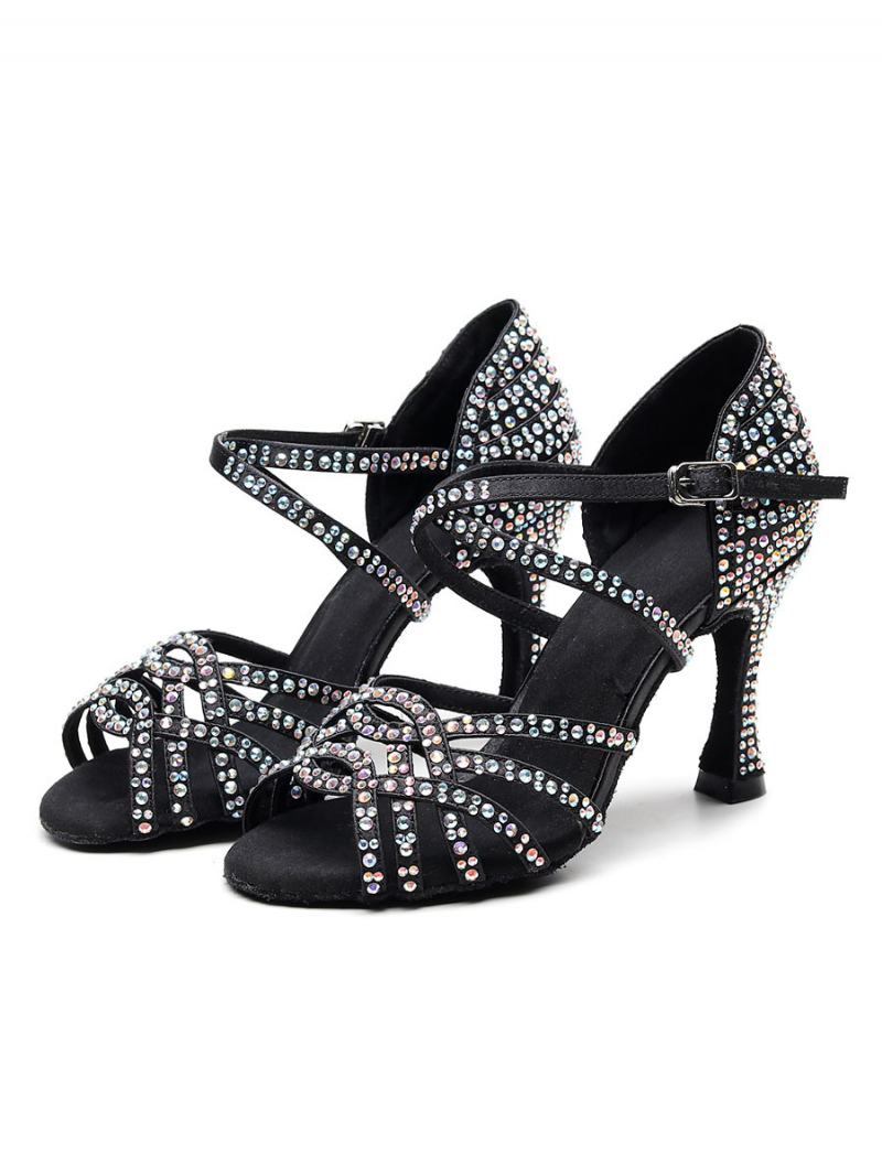 Dámské Přizpůsobené Boty Pro Latinskoamerický Tanec Satin Black Peep Toe Luxusní Kamínkové Společenský - Černá