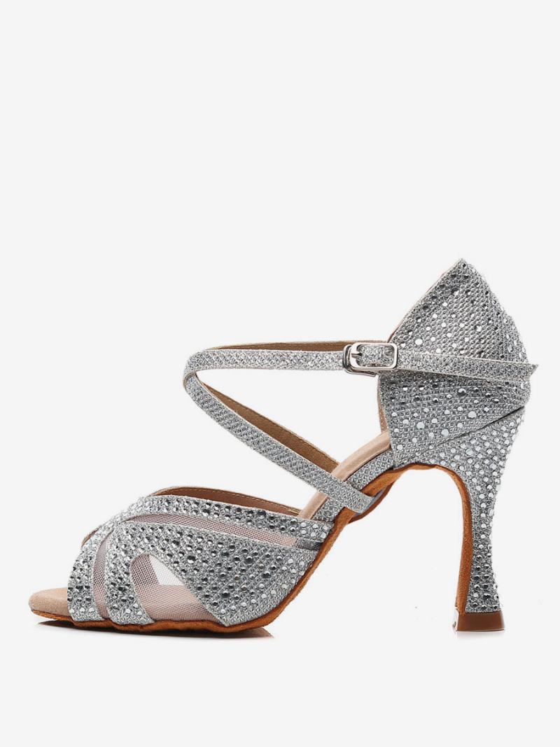 Dámské Přizpůsobené Boty Pro Latinskoamerický Tanec Stříbrné Peep Toe Rhinestones Společenský - Stříbrná