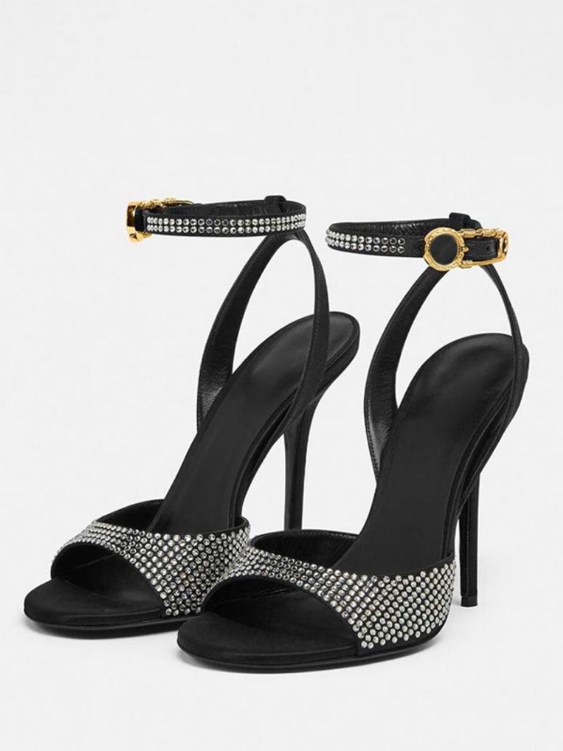 Dámské Sandály Na Vysokém Podpatku Black Open Toe Rhinestones Kotníkový Pásek Plesové Párty Boty - Černá