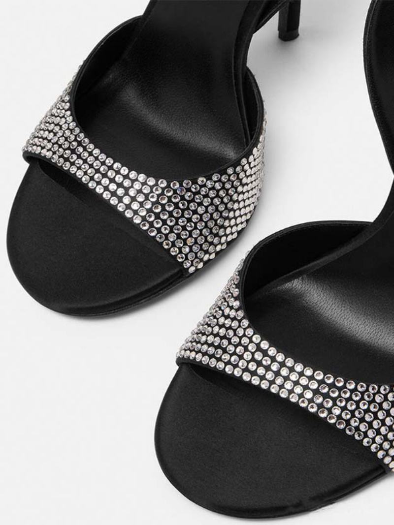 Dámské Sandály Na Vysokém Podpatku Black Open Toe Rhinestones Kotníkový Pásek Plesové Párty Boty - Černá