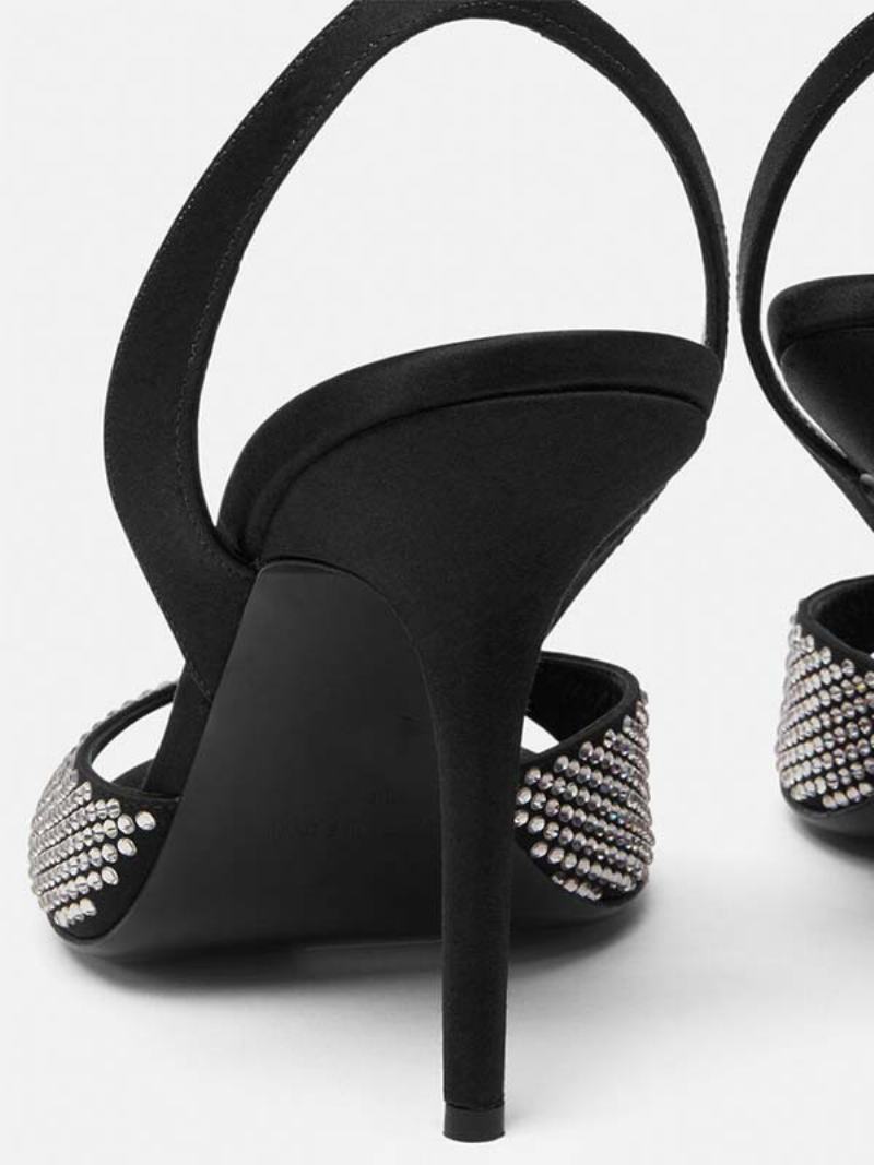 Dámské Sandály Na Vysokém Podpatku Black Open Toe Rhinestones Kotníkový Pásek Plesové Párty Boty - Černá