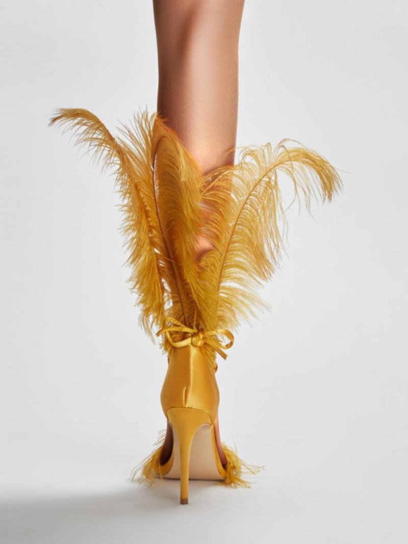 Dámské Sandály Na Vysokém Podpatku Gold Feather Detail Rhinestones Prom Party Boty - Zlato