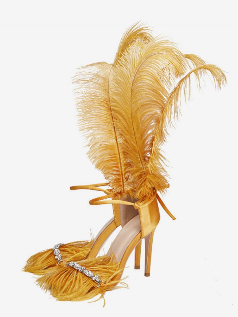 Dámské Sandály Na Vysokém Podpatku Gold Feather Detail Rhinestones Prom Party Boty - Zlato