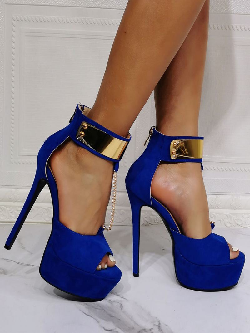 Dámské Sexy Sandály Royal Blue Micro Suede Horní Otevřená Špička Vysoký Jehlový Podpatek Kotník Pásek Podpatky - Královská Modrá