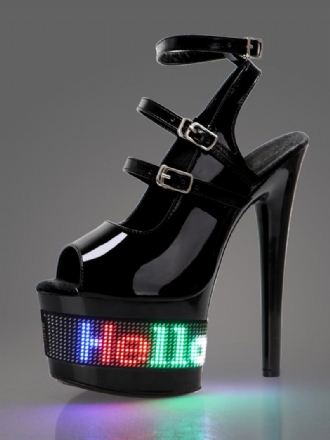 Dámské Sexy Sandály Černé Pu Kůže Peep Toe Platforma Led Detail Boty