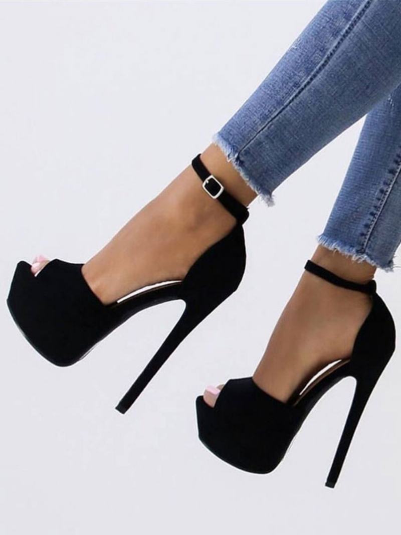 Černé Sexy Sandály Semišové Peep Toe Platforma Kotníkové S Vysokým Podpatkem Pro Ženy