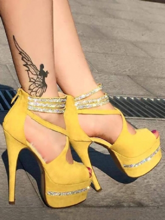 Žluté Sexy Sandály Peep Toe Jehlový Podpatek Nubuk Kamínky Dámské