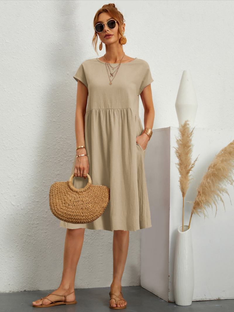 Dámské Shift Šaty S Krátkými Rukávy Ležérní Jewel Neck Hunter Zelené Tunikové - Khaki