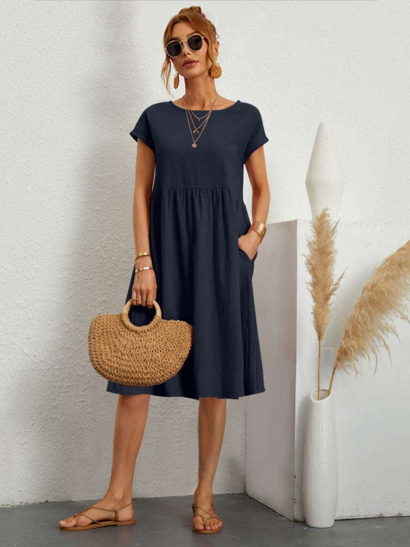 Dámské Shift Šaty S Krátkými Rukávy Ležérní Jewel Neck Hunter Zelené Tunikové - Dark Navy