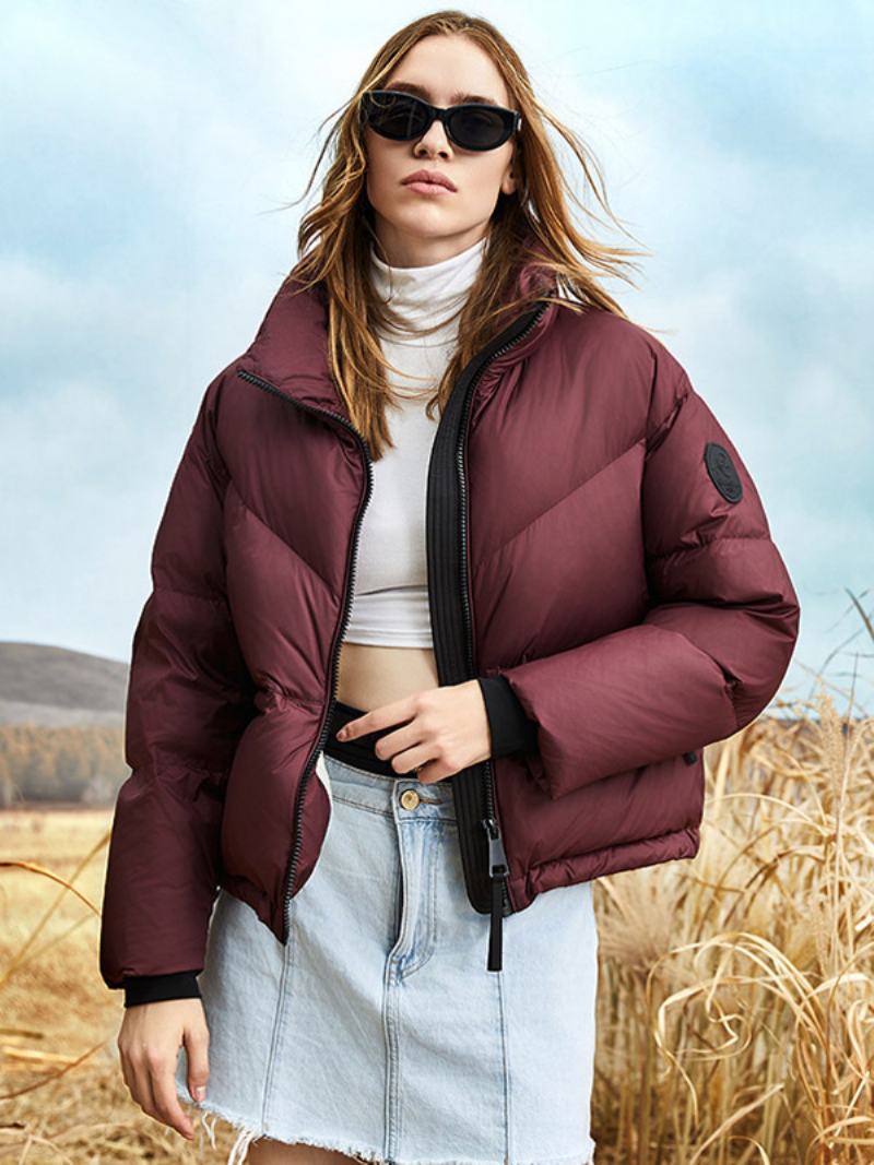 Dámská Jednobarevná Péřová Bunda Crest Patch Puffer Coat Stojánek S Límečkem Na Zip - Tmavě Červená