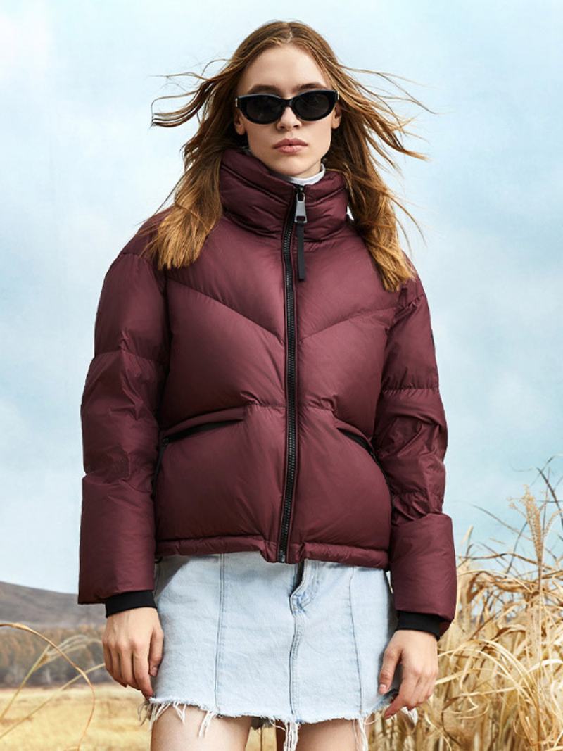 Dámská Jednobarevná Péřová Bunda Crest Patch Puffer Coat Stojánek S Límečkem Na Zip - Tmavě Červená