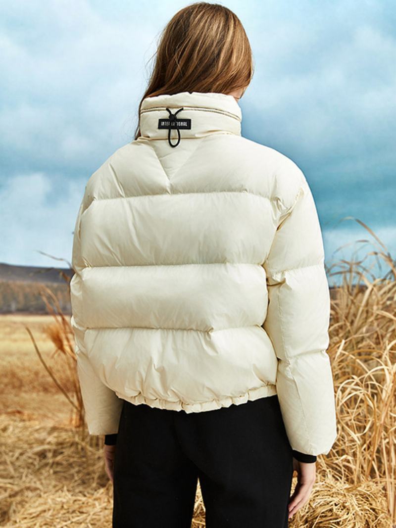 Dámská Jednobarevná Péřová Bunda Crest Patch Puffer Coat Stojánek S Límečkem Na Zip - Béžová