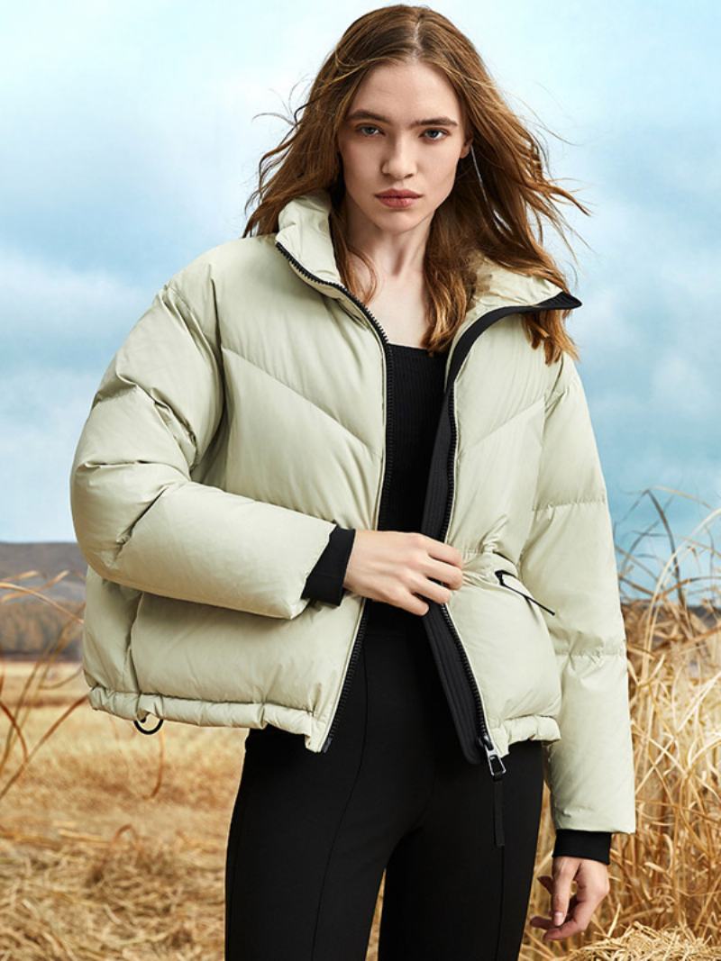 Dámská Jednobarevná Péřová Bunda Crest Patch Puffer Coat Stojánek S Límečkem Na Zip - Šalvěj