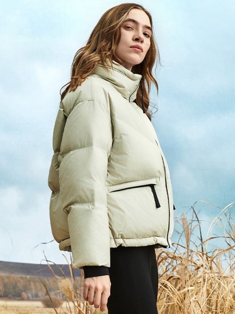 Dámská Jednobarevná Péřová Bunda Crest Patch Puffer Coat Stojánek S Límečkem Na Zip - Šalvěj