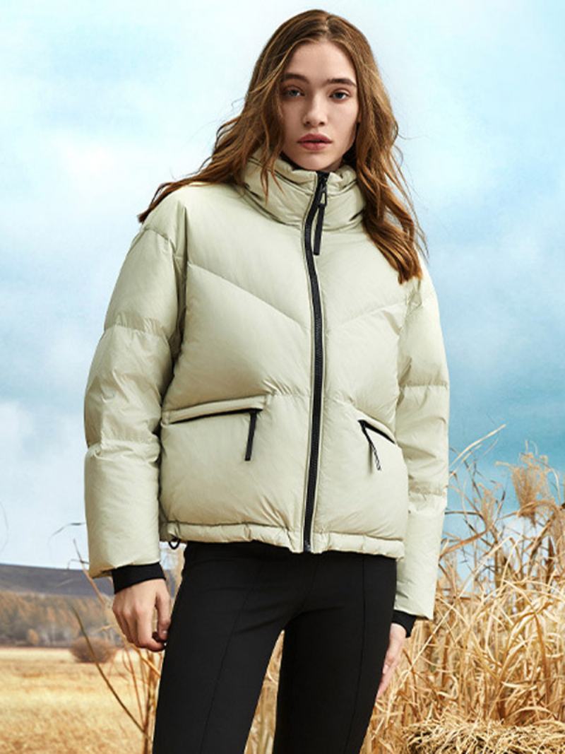 Dámská Jednobarevná Péřová Bunda Crest Patch Puffer Coat Stojánek S Límečkem Na Zip - Šalvěj