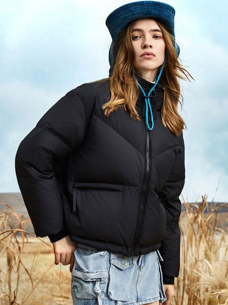 Dámská Jednobarevná Péřová Bunda Crest Patch Puffer Coat Stojánek S Límečkem Na Zip - Černá