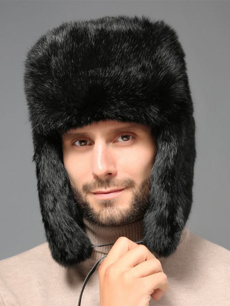 Čepice Pro Muže Moderní Umělé Kožešiny Zimní Teplé Ruská Ushanka - Černá