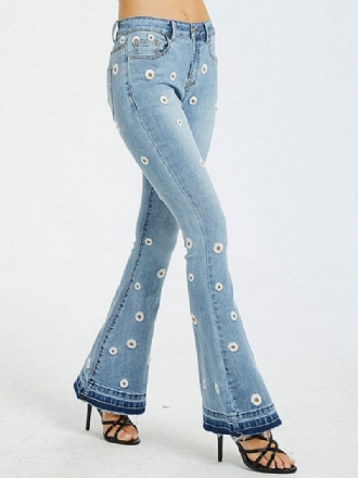 Dámské Bootcut Džíny Daisy Vyšívané Mid Rise Flare Bottoms