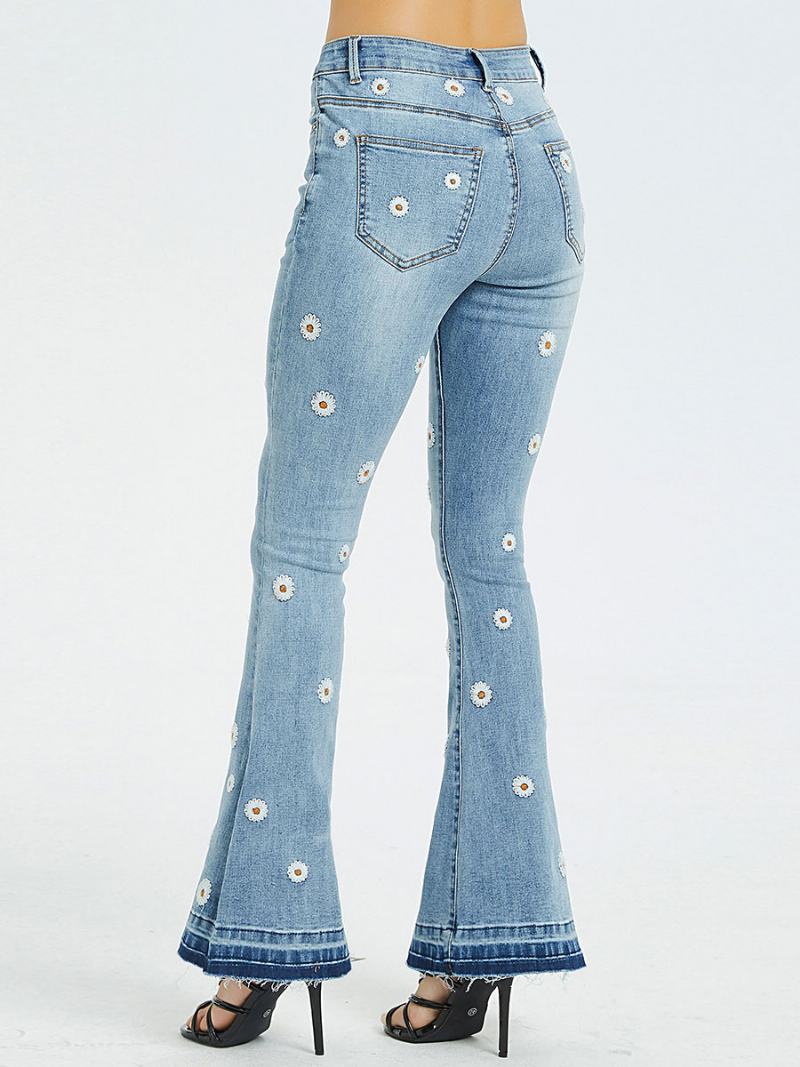 Dámské Bootcut Džíny Daisy Vyšívané Mid Rise Flare Bottoms - Modrý