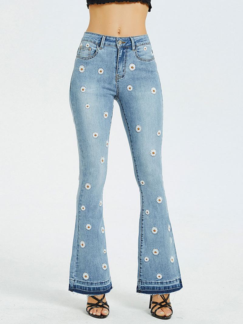 Dámské Bootcut Džíny Daisy Vyšívané Mid Rise Flare Bottoms - Modrý