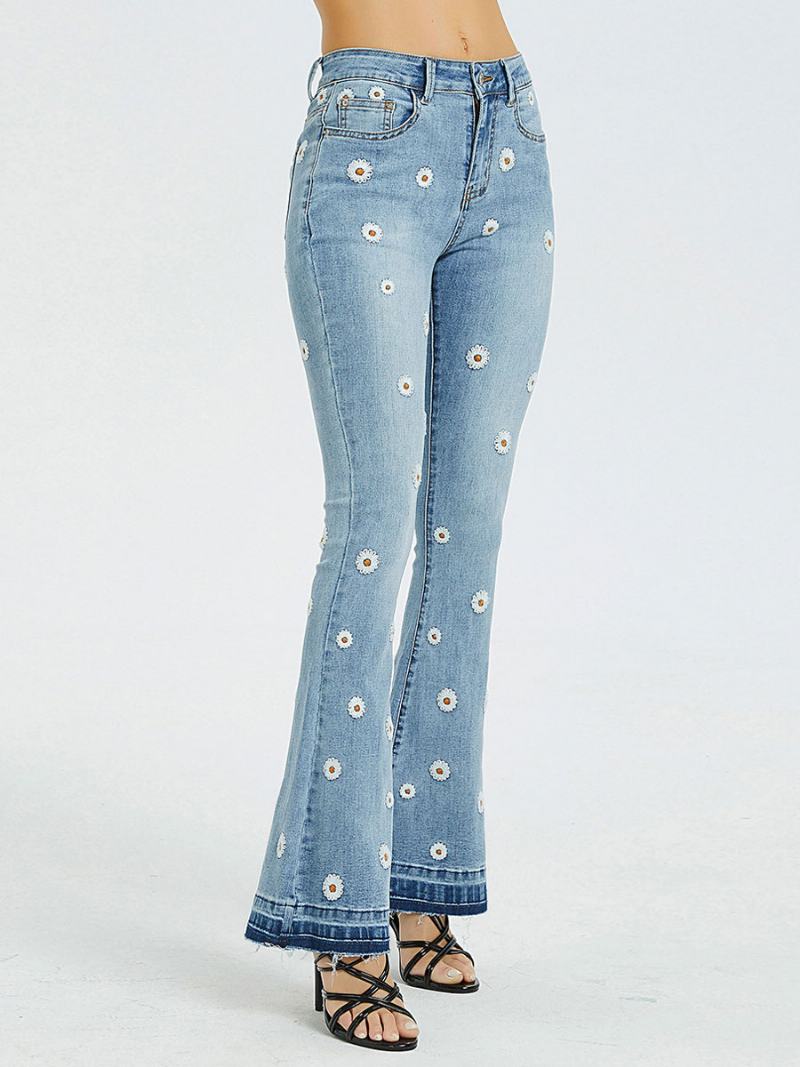 Dámské Bootcut Džíny Daisy Vyšívané Mid Rise Flare Bottoms - Modrý