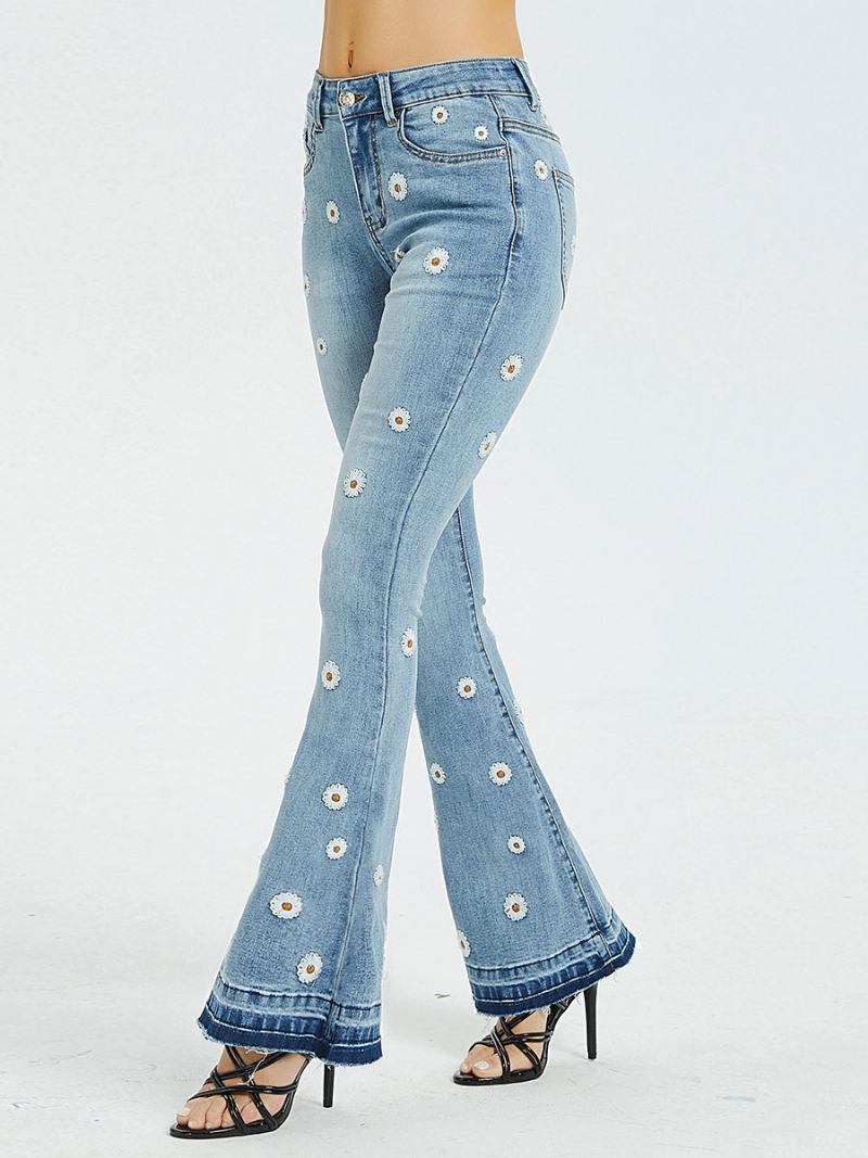 Dámské Bootcut Džíny Daisy Vyšívané Mid Rise Flare Bottoms - Modrý