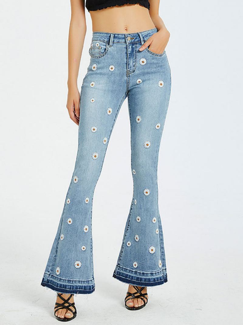 Dámské Bootcut Džíny Daisy Vyšívané Mid Rise Flare Bottoms - Modrý