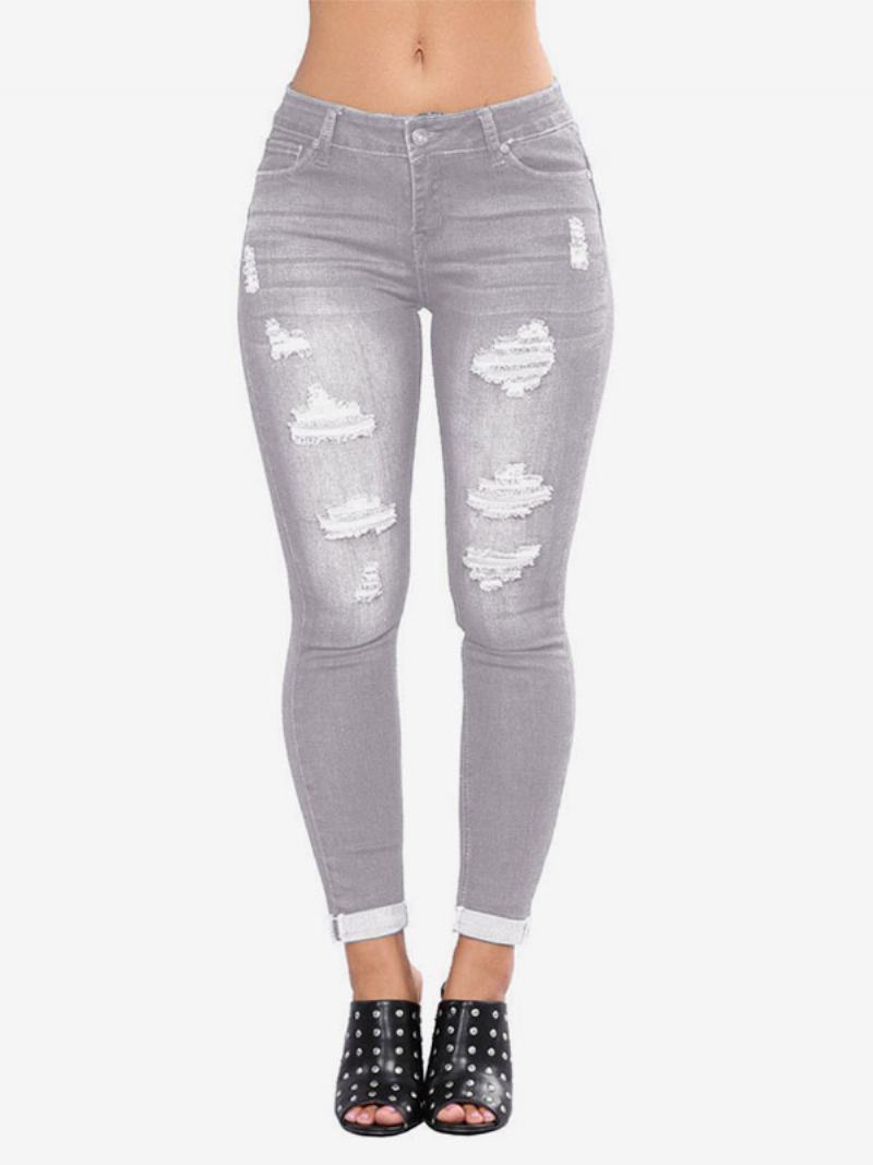 Dámské Džíny Moderní Distressed Skinny Bavlněné Kalhoty - Šedá