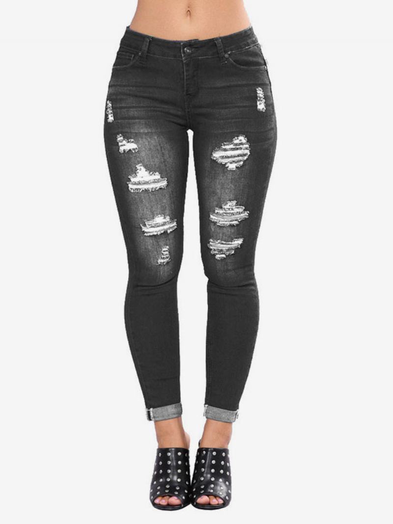 Dámské Džíny Moderní Distressed Skinny Bavlněné Kalhoty - Černá