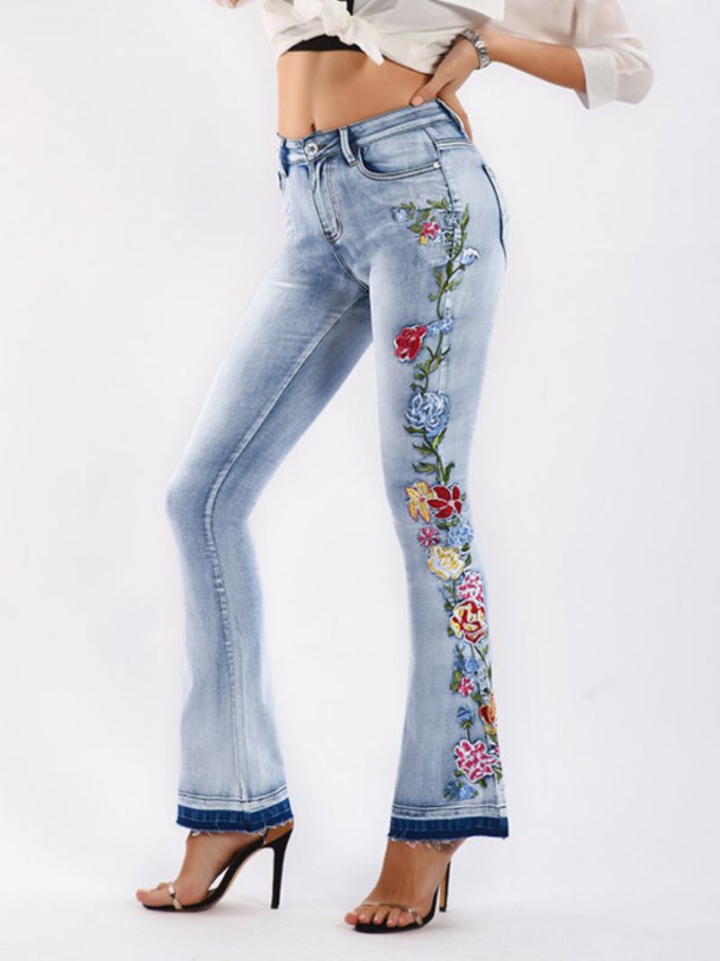 Džíny Bootcut Pro Ženy Mid Rise Embroidered Flare Bottoms - Modrý