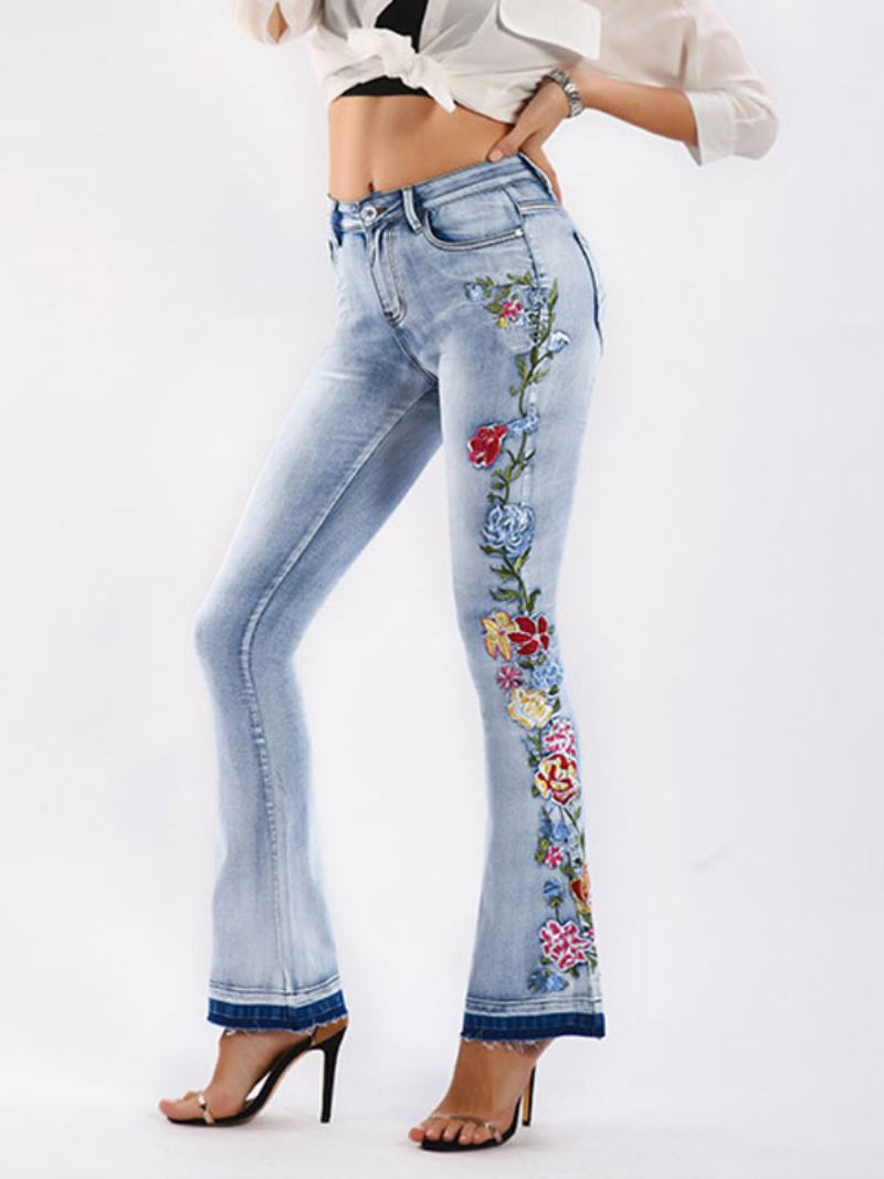 Džíny Bootcut Pro Ženy Mid Rise Embroidered Flare Bottoms - Modrý