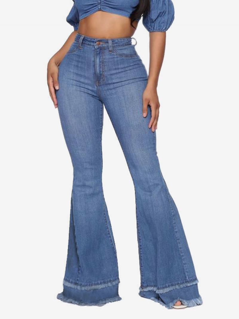 Flare Jeans Pro Ženy Raw Edge Cotton Spring Bell Bottoms - Modrý