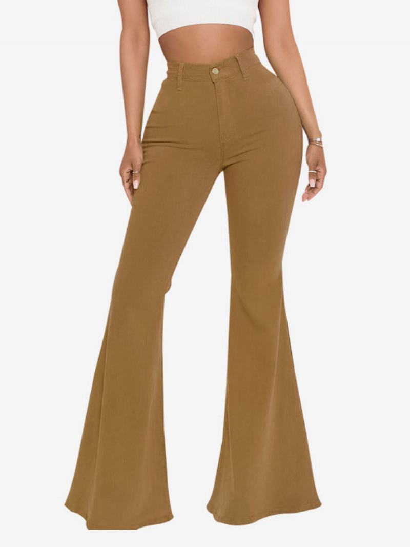 Flare Jeans Pro Ženy Raw Edge High Rise Bell Bottoms - Kávově Hnědá