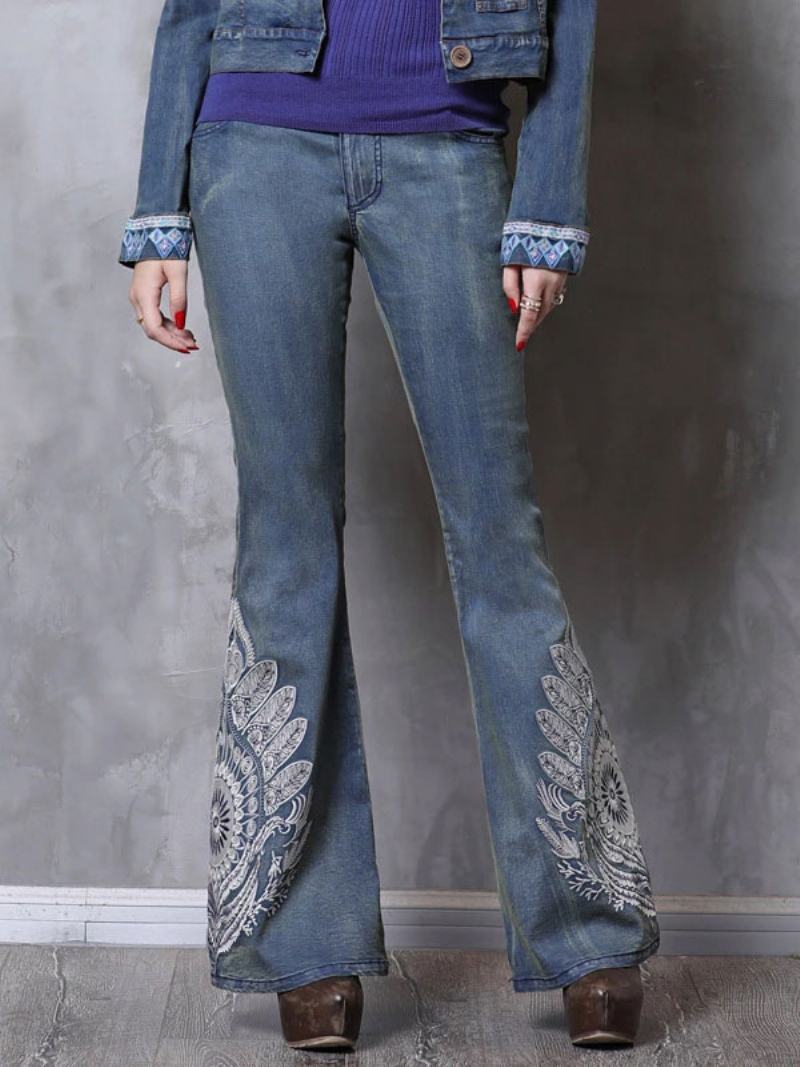 Flare Jeans Pro Ženy Středně Vyšívané Vintage Zvonové Kalhoty - Modrý