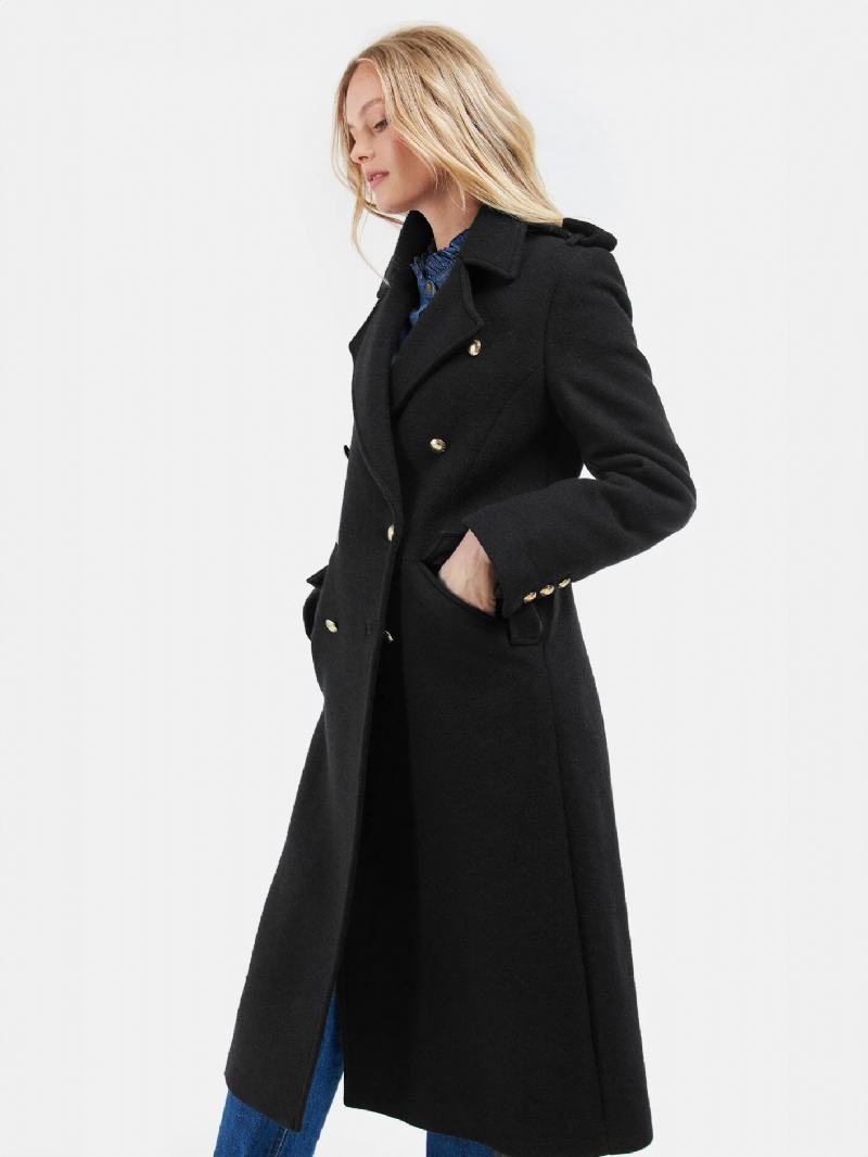 Dámské Svrchní Oblečení Longline Overcoat Klopa Dvojité Prsa Šikmé Kapsy - Černá