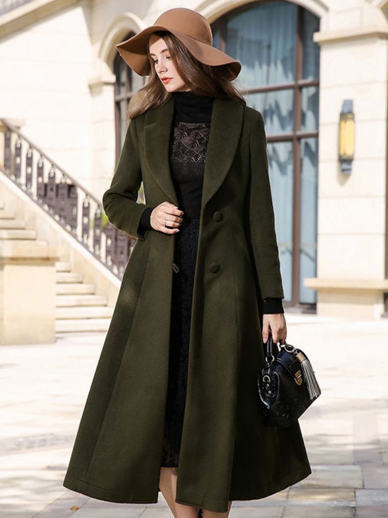 Dámské Svrchní Oblečení Turndown Collar Woolen Winter Wrap Coat - Hunter Green