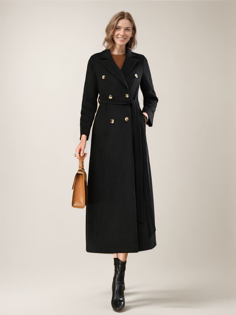 Dámské Vlněné Kabáty Belted Black Maxi Outerwear