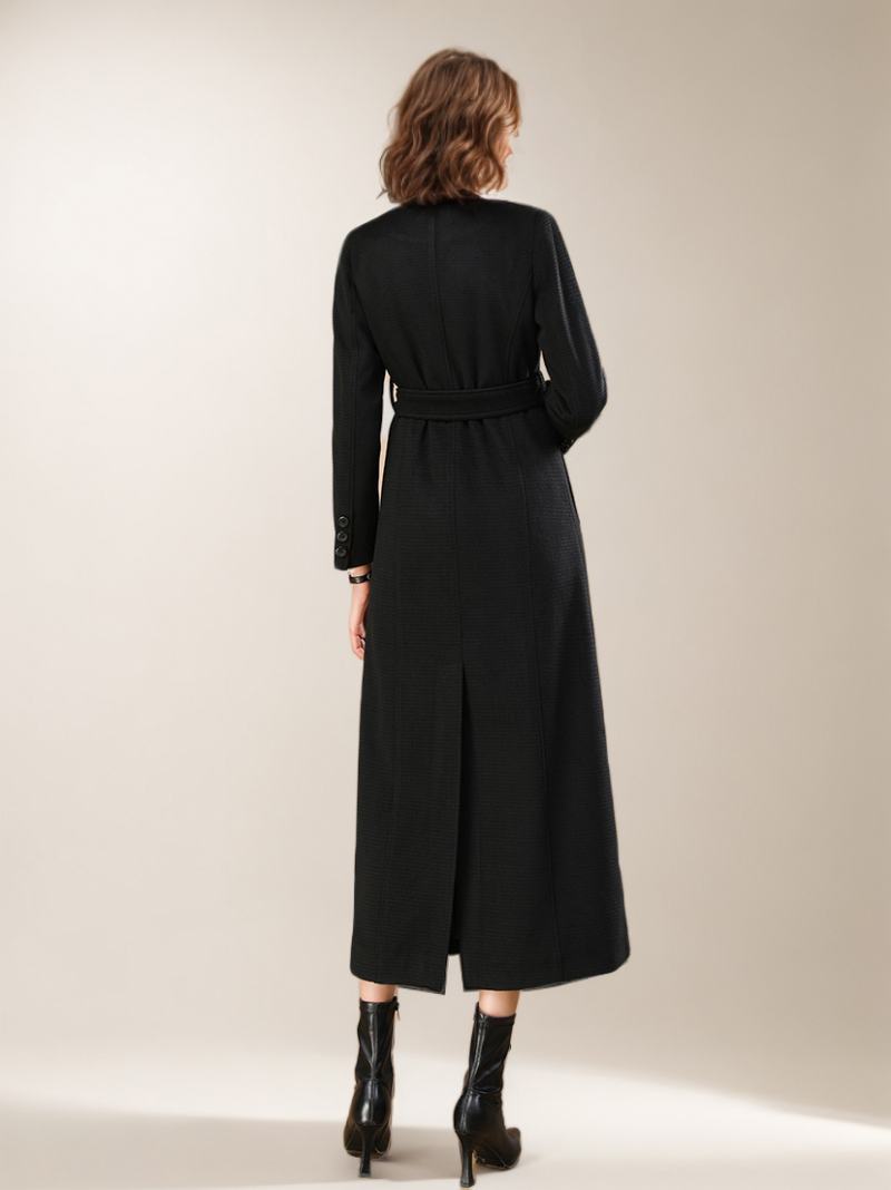 Dámské Vlněné Kabáty Belted Black Maxi Outerwear - Černá