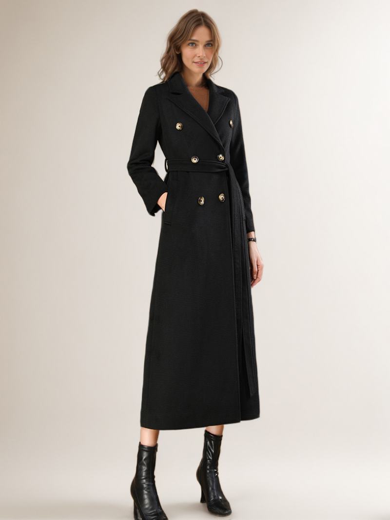 Dámské Vlněné Kabáty Belted Black Maxi Outerwear - Černá