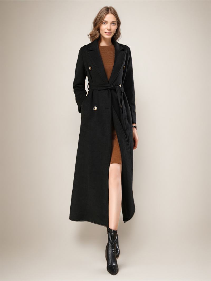 Dámské Vlněné Kabáty Belted Black Maxi Outerwear - Černá