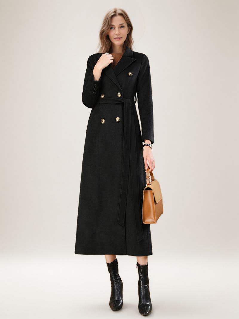 Dámské Vlněné Kabáty Belted Black Maxi Outerwear - Černá