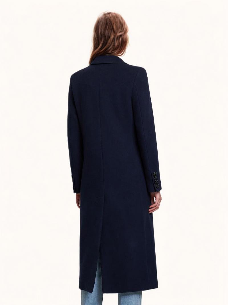 Dámské Zimní Svrchní Oblečení Longline Woolen Overcoat Lapel Single Breast - Dark Navy