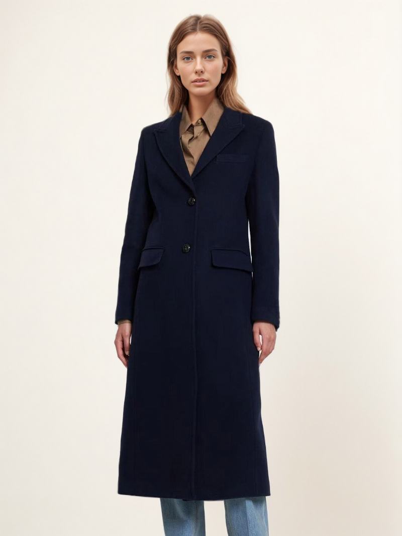 Dámské Zimní Svrchní Oblečení Longline Woolen Overcoat Lapel Single Breast - Dark Navy