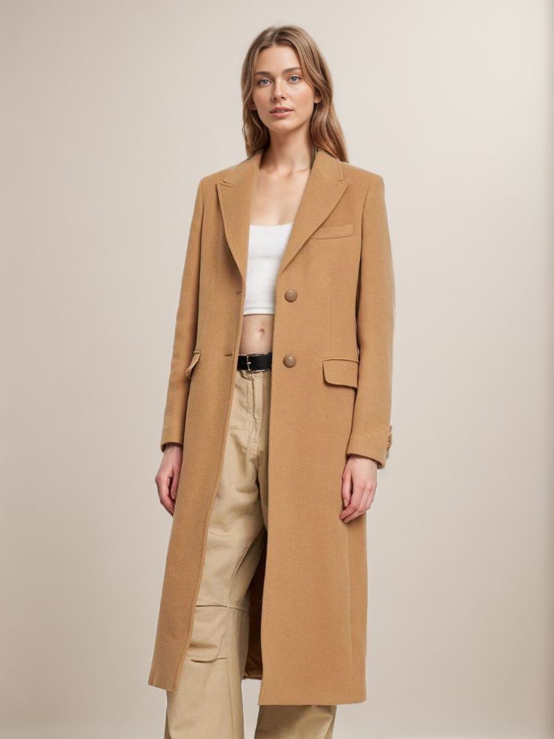 Dámské Zimní Svrchní Oblečení Longline Woolen Overcoat Lapel Single Breast - Velbloud